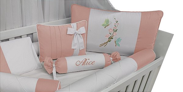 kit berço menina 100 % algodão branco e rose