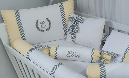 kit para berço 100% algodão branco e amarelo