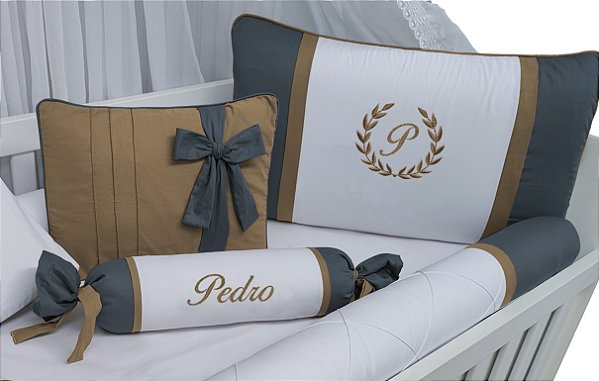 kit berço personalizado menino branco, chumbo e ocre