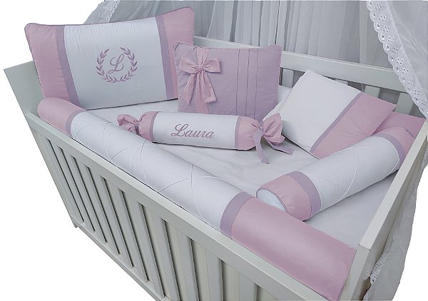 Kit para berço 100% algodão menina personalizado rosa e lilás
