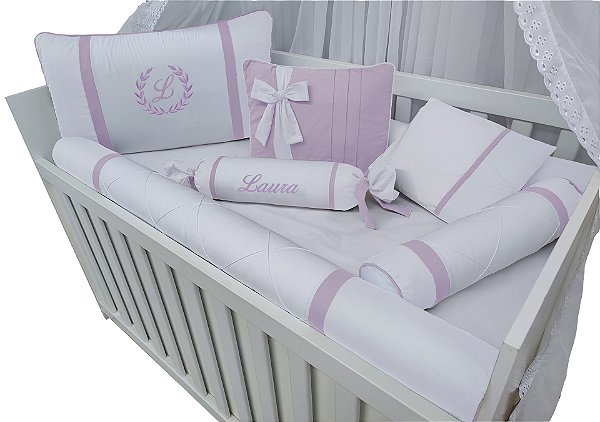 Kit para berço 100% algodão menina personalizado branco e lilás