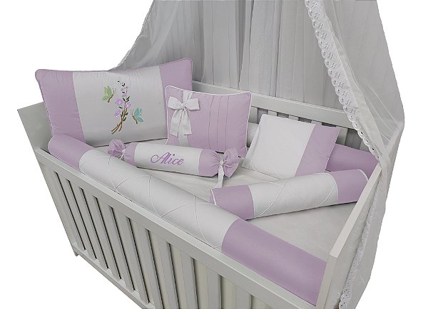 Kit berço 100% algodão menina personalizado lilás borboleta