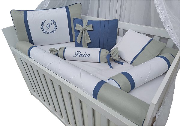 kit berço 100% menino cinza e jeans