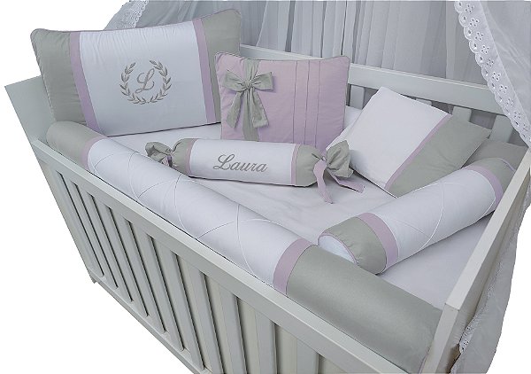 Kit para berço 100% algodão menina cinza e lilás