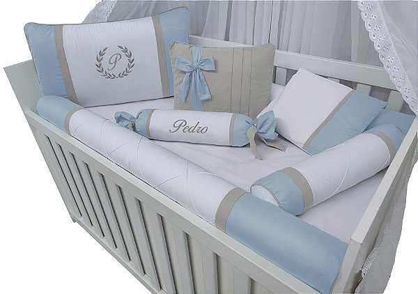 kit berço personalizado menino azul claro e cinza