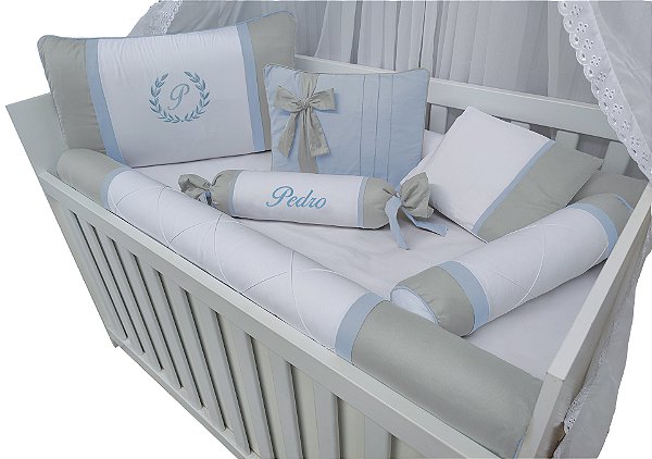 Kit berço menino  personalizado cinza e azul