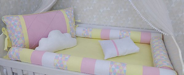 kit berço rolinho geométrico rosa amarelo