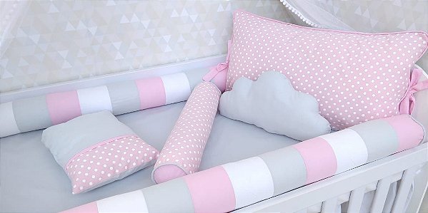 kit berço poa rosa cinza