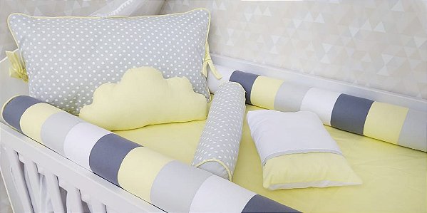 kit berço rolinho amarelo cinza