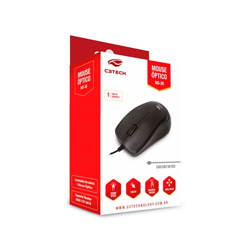 Mouse USB 2.0 C3Tech MS-26BK Preto 1000 DPI 3 Botões Cabo de 2 Metros