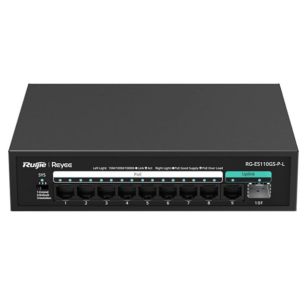 Switch Ruijie Reyee RG-ES110GS-P-L 8 Portas PoE+ + 1 GE + 1 SFP SOHO
