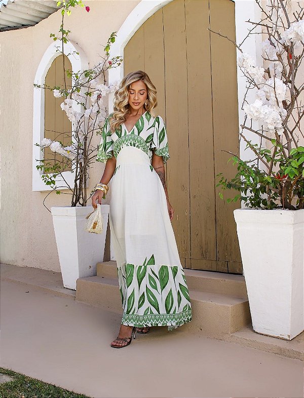 Vestido Feminino Longo Manga Morcego Estampa Folha