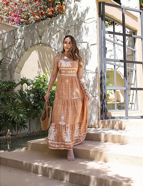 Vestido Feminino Barroco Longo Cruzado Em X Nas Costas