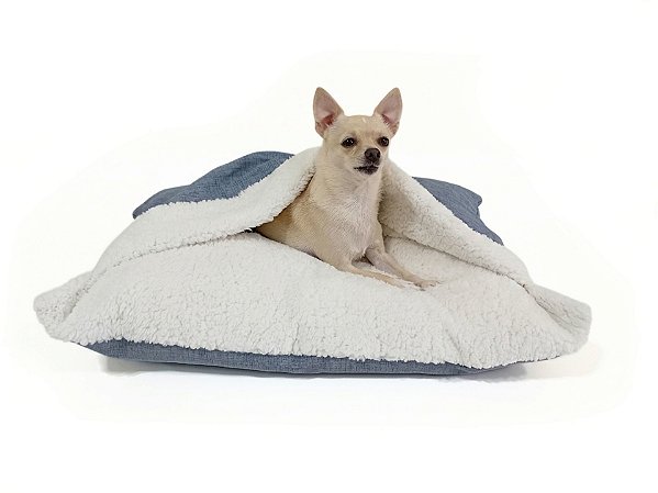 Saco de Dormir Pet Azul com Pelúcia Sherpa Off White