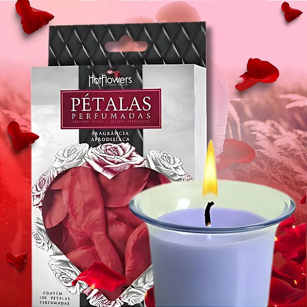 COMBO PÉTALAS DE ROSAS 100 UNID + VELA DE MASSAGEM BEIJÁVEL VINHO