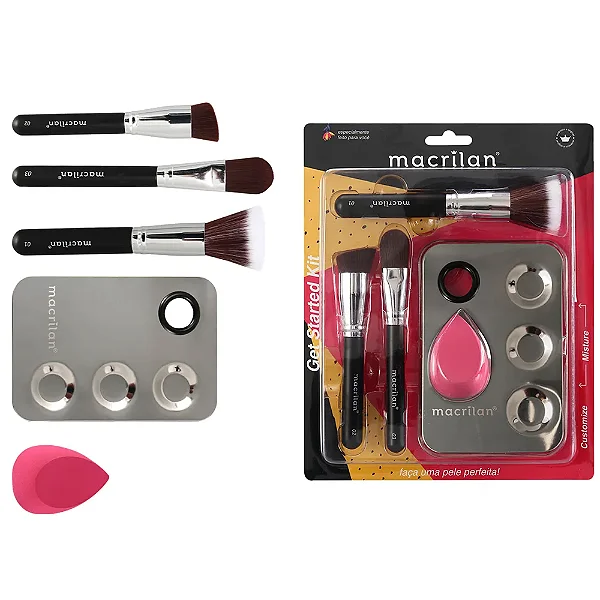 KIT 3 PINCÉIS PARA MAQUIAGEM + 1 ESPONJA E 1 PLACA MACRILAN