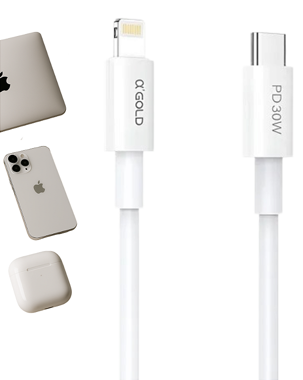 CABO USB 1M TURBO TIPO-C PARA LIGHTNING BRANCO 30W GOLD PRO
