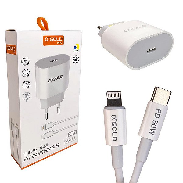KIT CARREGADOR TURBO 30W A`GOLD CABO TIPO C IPHONE (CA31-2)