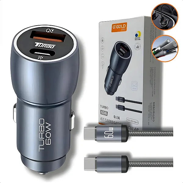 KIT CARREGADOR VEICULAR COM CABO TIPO C CJ13-3 A'GOLD