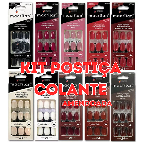 KIT 10 UNHAS POSTIÇAS AMENDOADA COLANTE ESCOLHA A SUA MACRILAN