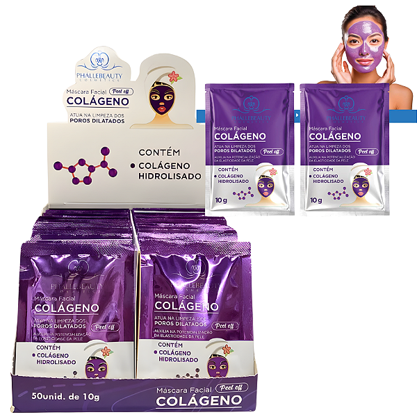 BOX SACHÊ COLÁGENO MÁSCARA FACIAL PEEL OFF PHALLEBEAUTY - 50 UNID.