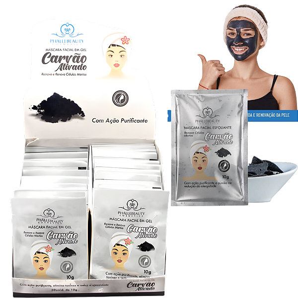 BOX SACHÊ CARVÃO ATIVADO MÁSCARA FACIAL PEEL OFF PHALLEBEAUTY - 50 UNID.