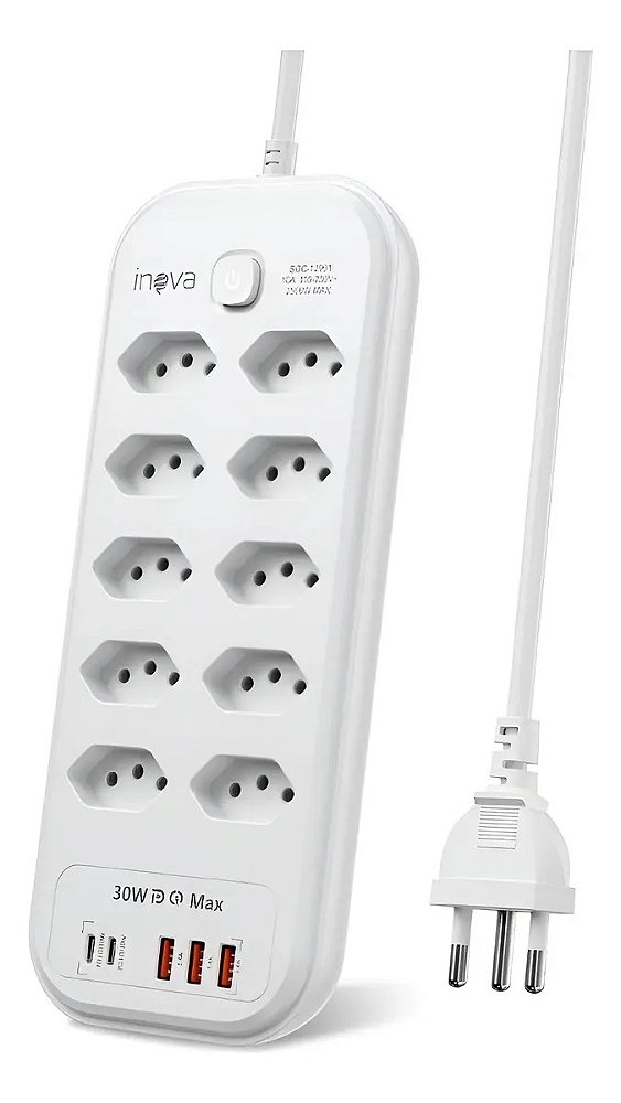 FILTRO DE LINHA INOVA 10 TOMADAS USB-C 2500W ANTI ESTÁTICO