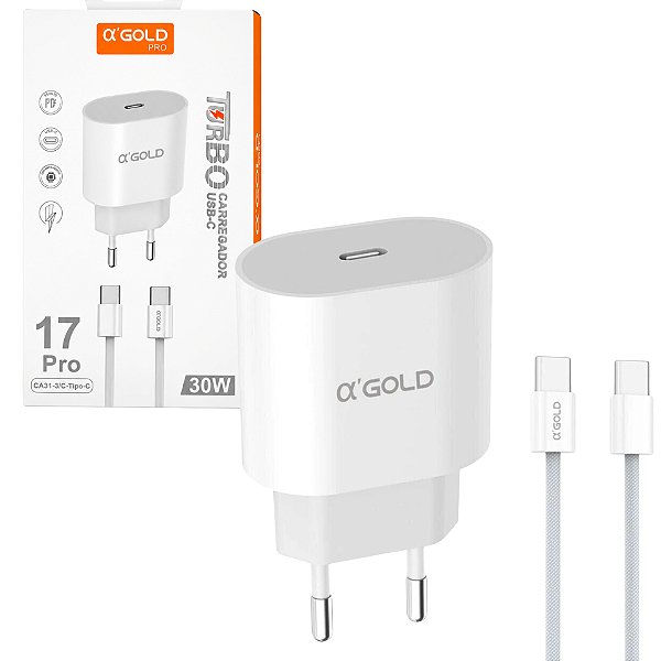 CARREGADOR TURBO 30W USB-C A GOLD COM CABO IPHONE ANDROID