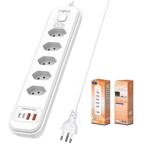 TOMADA DE ALIMENTAÇÃO INOVA 2500W PORTA USB-C ANTI ESTÁTICA