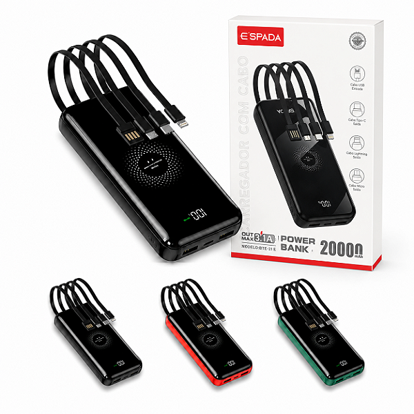 POWER BANK PORTÁTIL ESPADA 20000MAH TURBO CABOS INTEGRADOS
