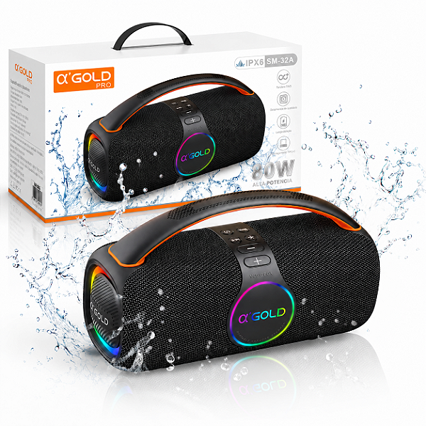 CAIXA DE SOM BOOMBOX A'GOLD 80W BLUETOOTH RGB TWS IPX6