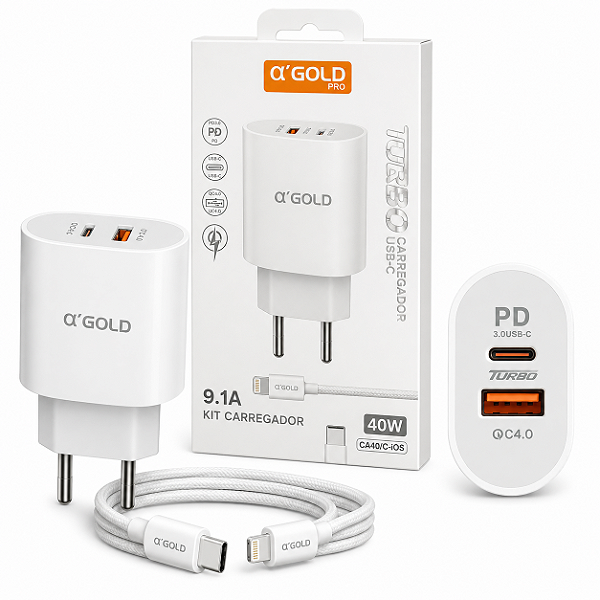 KIT CARREGADOR TURBO 40W AGOLD 2 PORTAS + CABO LIGHTNING