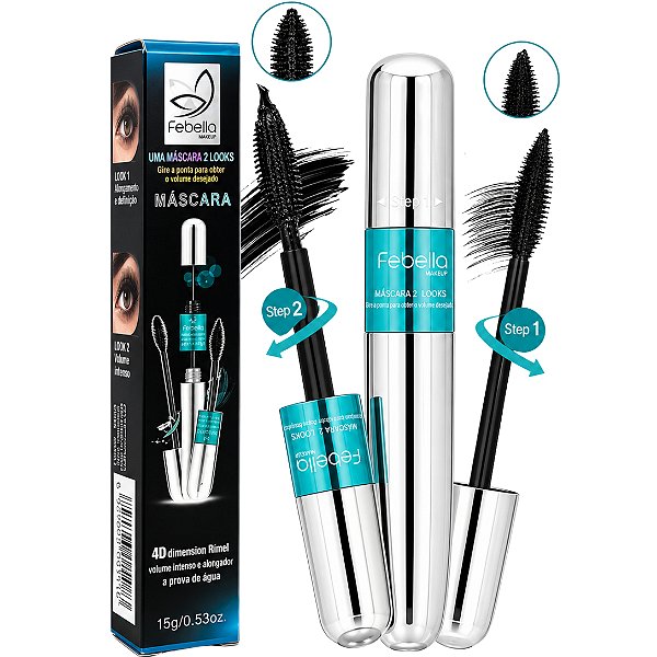 MÁSCARA DE CÍLIOS PRETA 2 EM 1 VOLUME E ALONGAMENTO 4D PEEL OFF FEBELLA
