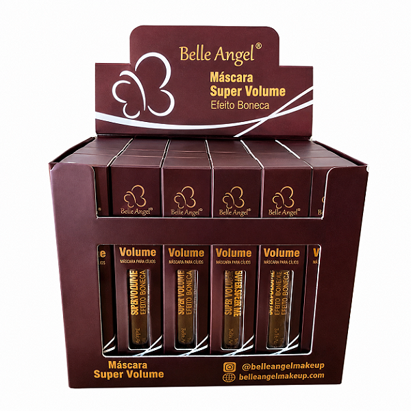 BOX MÁSCARA DE CÍLIOS RÍMEL MARROM SUPER VOLUME EFEITO BONECA BELLE ANGEL 24 UNID.