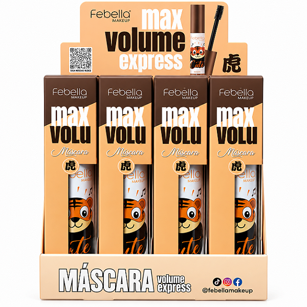 BOX MÁSCARA CÍLIOS FEBELLA CUTE MAX VOLUME MARROM PEEL OFF 24H ORIGINAL 12 UNID.