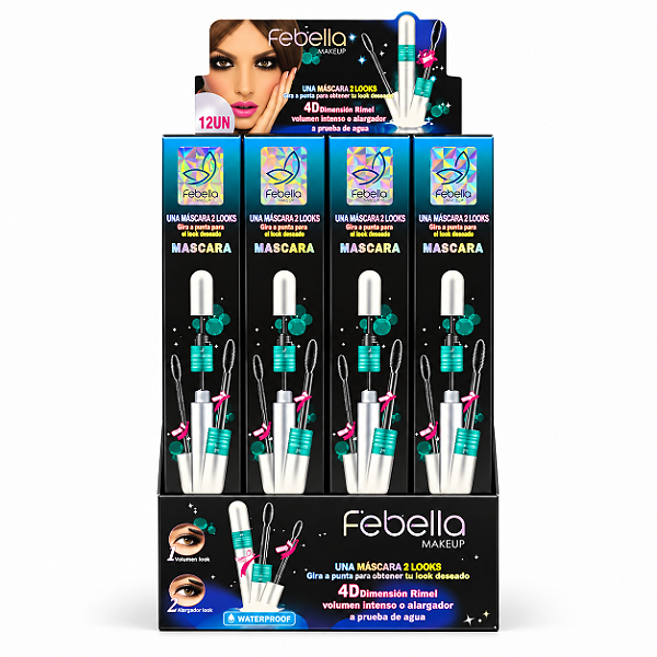 BOX MÁSCARA DE CÍLIOS PRETA VOLUME ALONGAMENTO PEEL OFF FEBELLA 12 UNID.