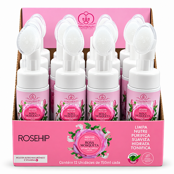 BOX MOUSSE MICELAR FACIAL ROSA MOSQUETA 150 ML PHÁLLEBEAUTY 12 UNID.