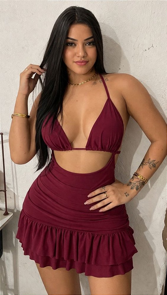 Vestido Cortininha com Babado em Poliamida