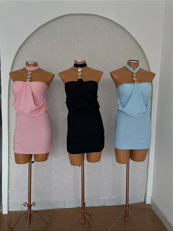 Vestido Curto Frente Única em Poliamida com Detalhe Dourado