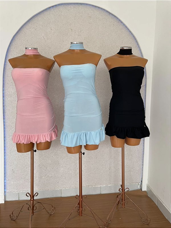 Vestido Justo Gola Choker – Poliamida com Saia Balonê