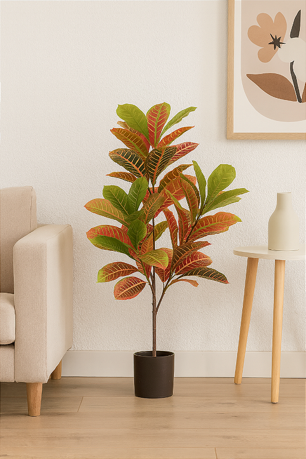 Árvore Artificial Cróton Real Toque Verde e Vermelho 1m