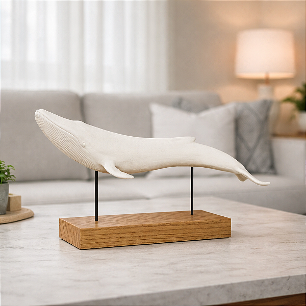 Escultura Decorativa Baleia em Poliresina (Branco Madeira) – 22,5 x 43,5 x 16 cm
