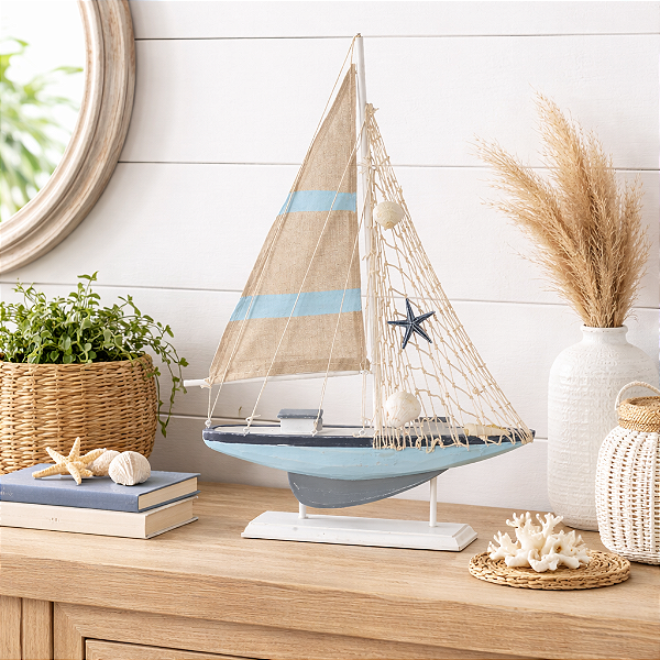 Escultura Decorativa Madeira Barco a Vela (Colorido) 53x33x5,5cm