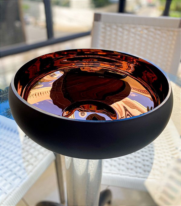 Vaso Bacia de Vidro Redondo 28 cm Preto c/ Cobre