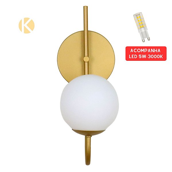 Arandela Curva Globo 12 Jabuticaba Dourado Fosco Led 5W 3000k