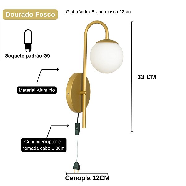 Arandelas Curva Globo 10 Jabuticaba Dourado Fosco C/ Rabicho
