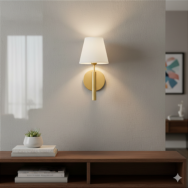 Arandela Vega Tocheiro  Dourado Fosco Cupula Tecido Cru E27