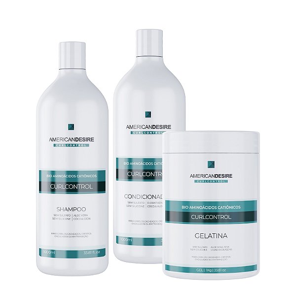 Kit Shampoo 1000ml + Condicionador 1000ml + Gelatina Capilar 1 Kg Curl Control Linha Cachos American Desire