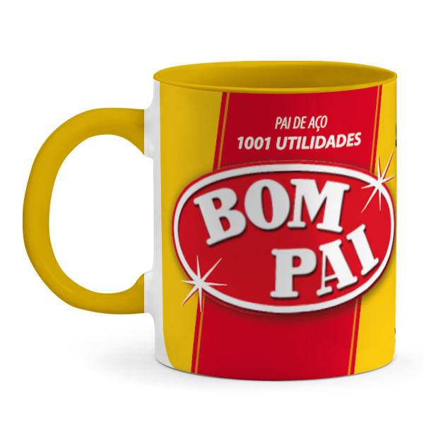 Caneca Bom Pai 1001 Utilidades - Pai de Aço I em cerâmica amarela, presente Dia dos Pais