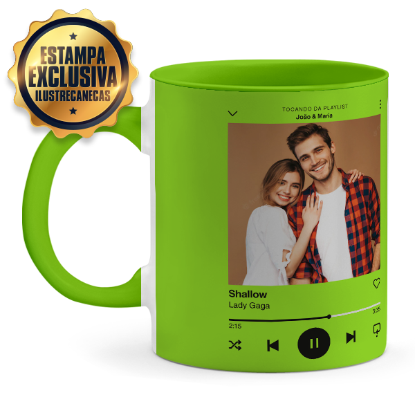 Caneca Personalizada Foto e Música I nas Cores Verde ou Branca I em Cerâmica 325ml